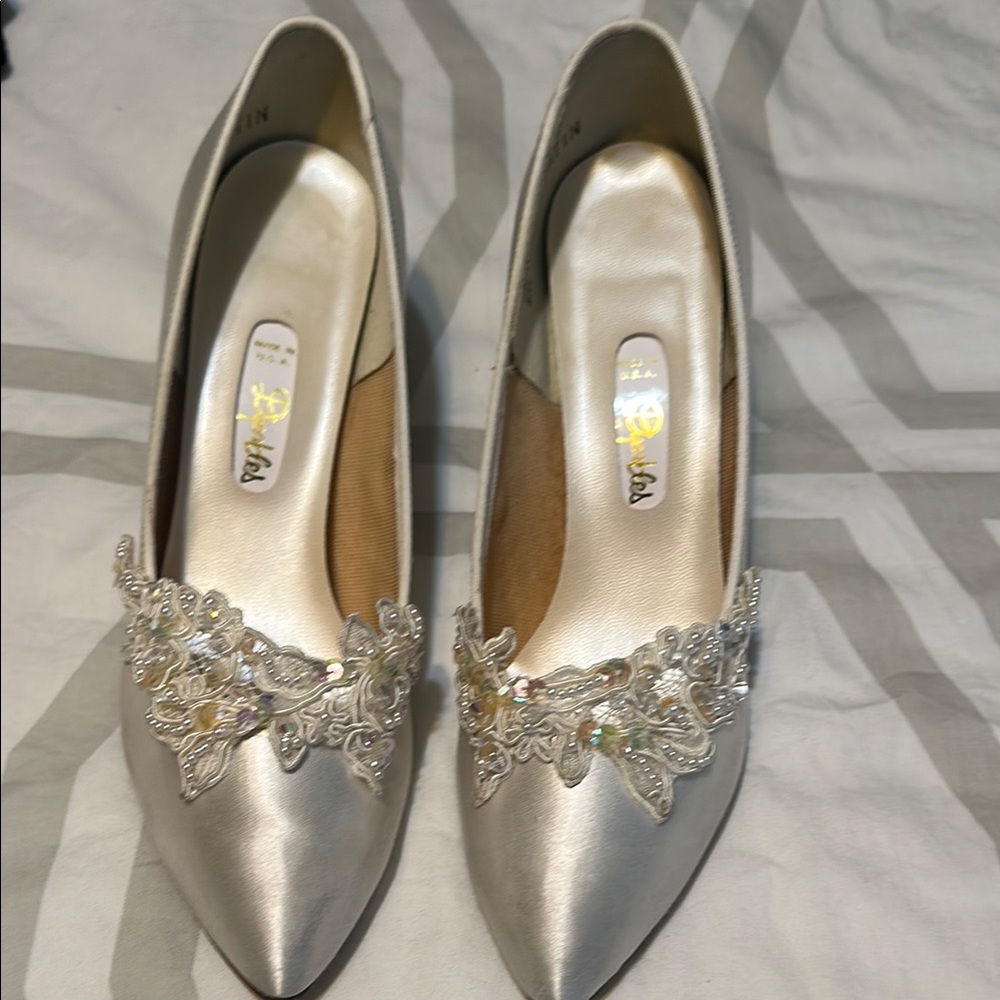 Satin Pointed Toe Heels with Crystal Lace Appliqué